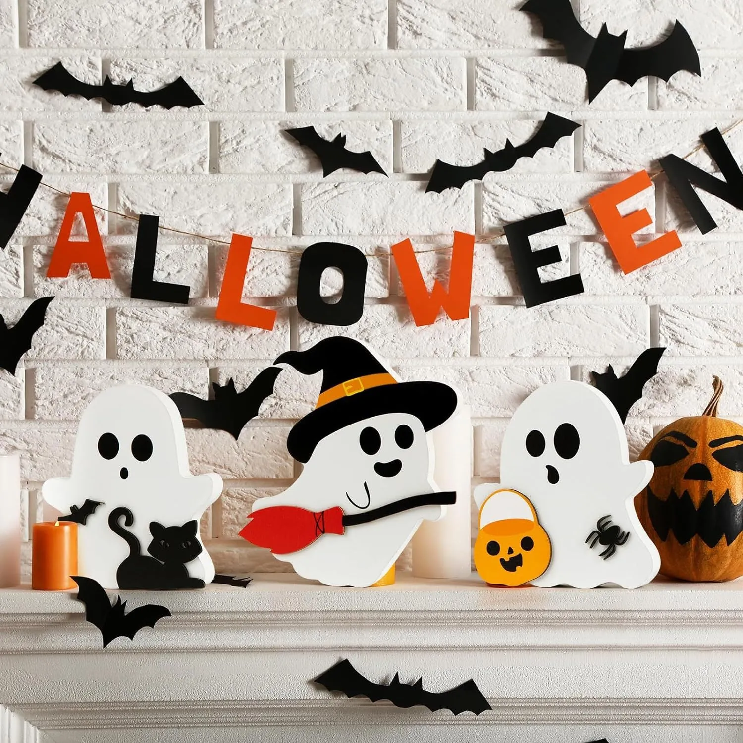 3 Pcs - Halloween Wooden Ghost Decor