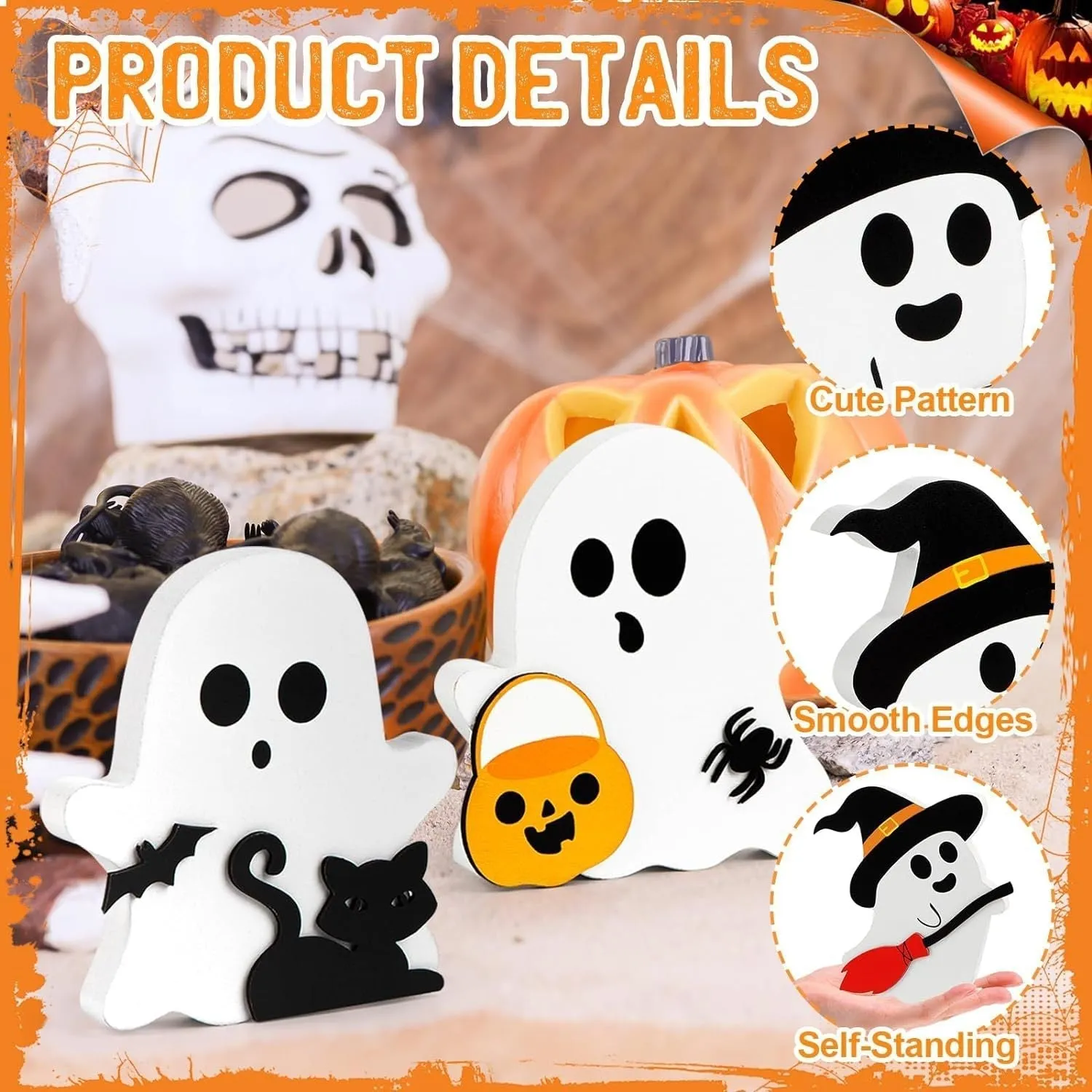 3 Pcs - Halloween Wooden Ghost Decor