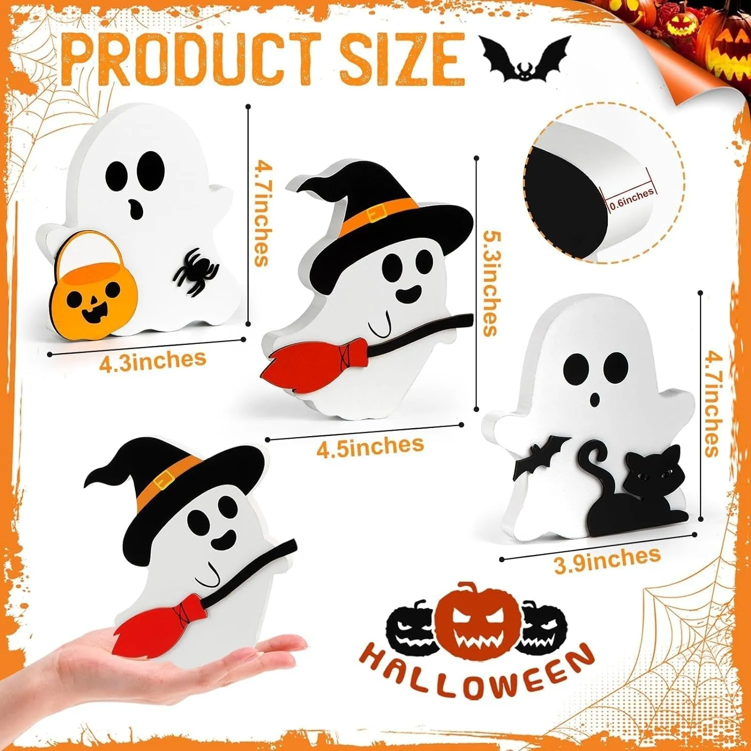 3 Pcs - Halloween Wooden Ghost Decor