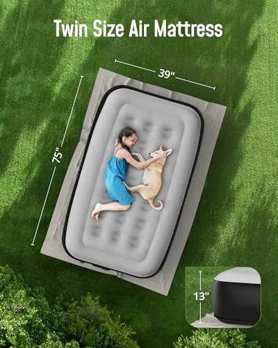 Airefina Twin Air Mattress with Built-in Pump Raised, 13" Blow up Mattress in 2 Mins Quick Inflation/Deflation, Twin Inflatable Mattress Bed with Flocked Top for Camping, Home, Portable 75x39x13in