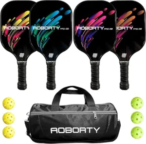 AOBORTY Pickleball Paddles 4 Pack - USAPA Light Graphite Premium Rackets Fiber Face & Polymer Honeycomb Core Pickleball Set with 6 Outdoor Indoor Balls Including Portable Carry Bag