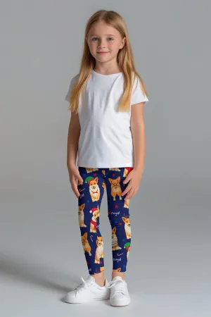 Happy Corgis Lucy Navy Blue Christmas Doggy Print Leggings - Girls