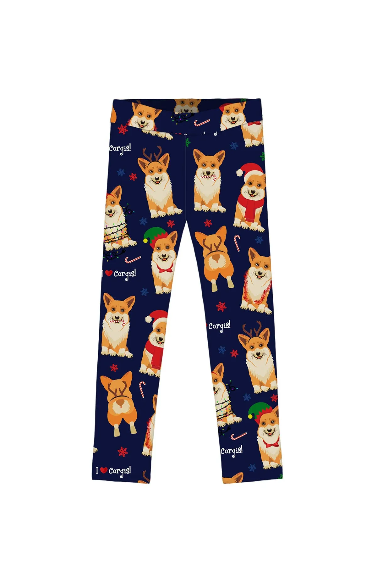Happy Corgis Lucy Navy Blue Christmas Doggy Print Leggings - Girls