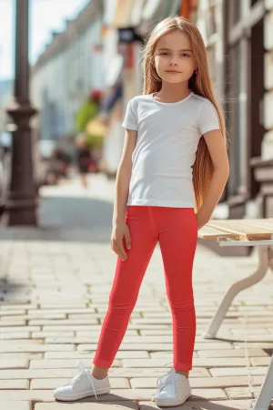 Neon Coral UV 50  Lucy Bright Recyclable Cute Stretchy Leggings - Kids