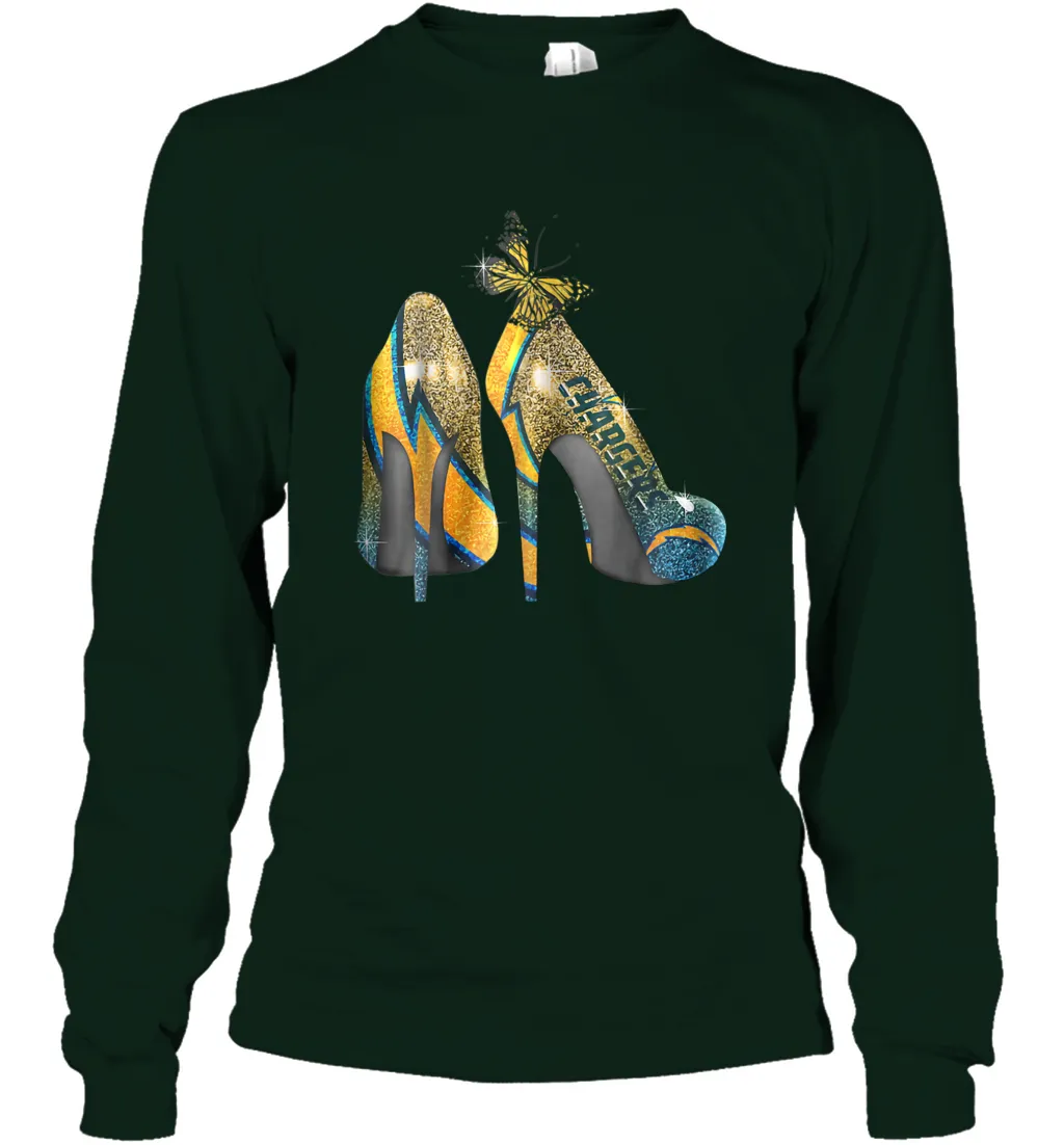 NFL Los Angeles Chargers High Heel Butterfly Rhinestone Long Sleeve T-Shirt
