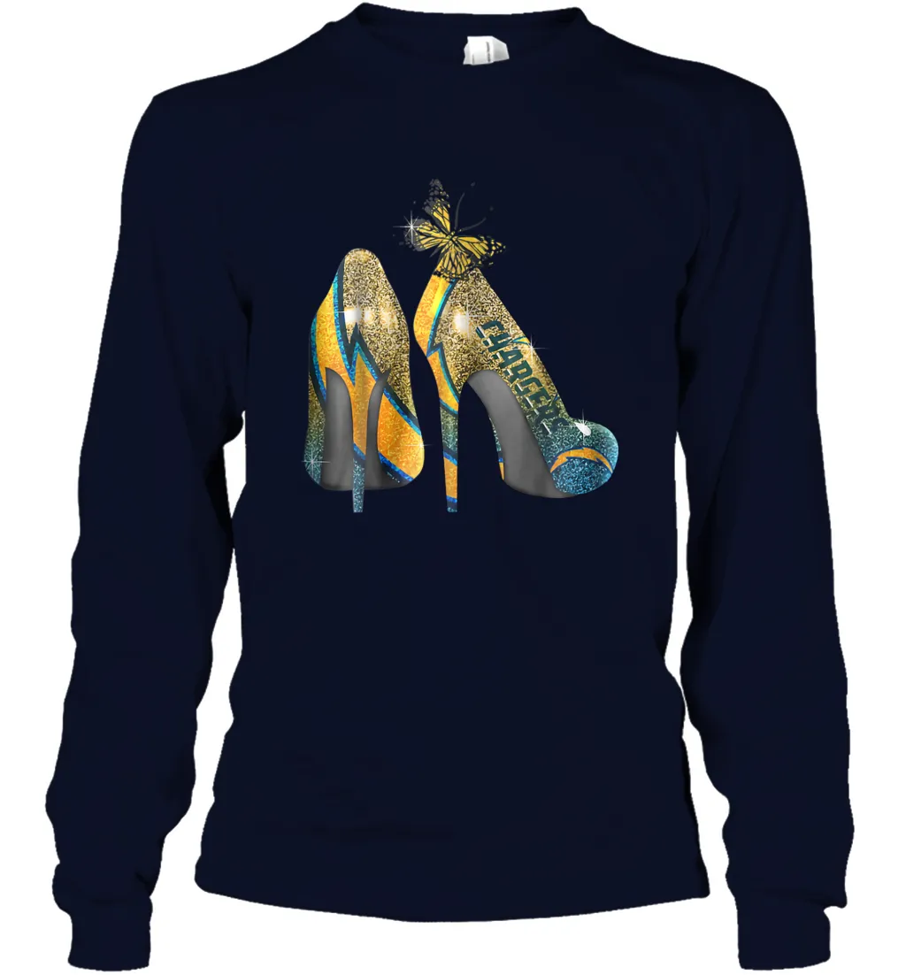 NFL Los Angeles Chargers High Heel Butterfly Rhinestone Long Sleeve T-Shirt