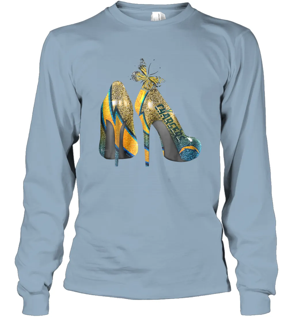 NFL Los Angeles Chargers High Heel Butterfly Rhinestone Long Sleeve T-Shirt