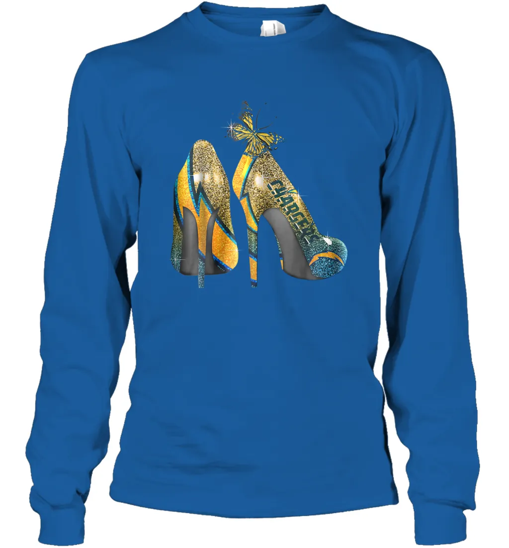 NFL Los Angeles Chargers High Heel Butterfly Rhinestone Long Sleeve T-Shirt
