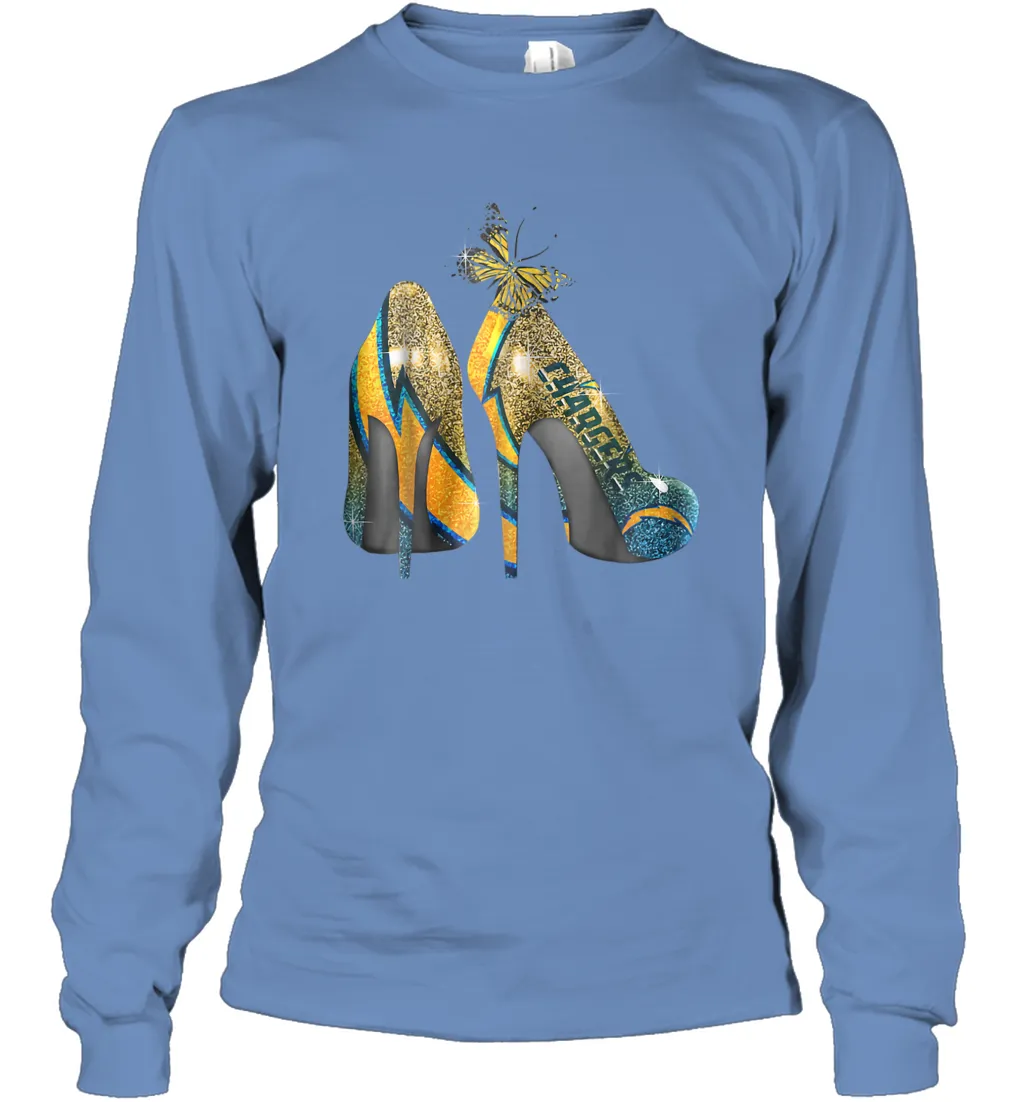 NFL Los Angeles Chargers High Heel Butterfly Rhinestone Long Sleeve T-Shirt