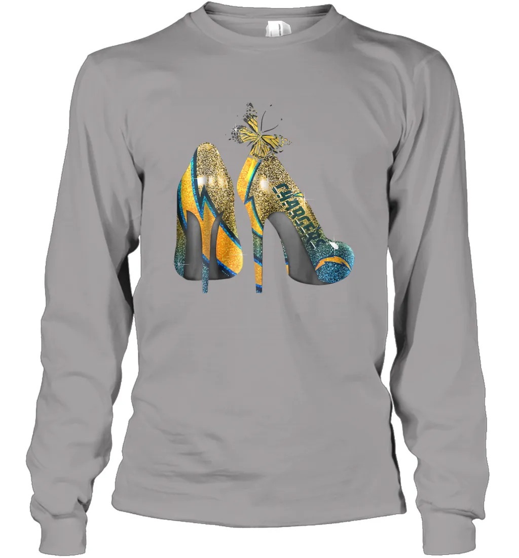 NFL Los Angeles Chargers High Heel Butterfly Rhinestone Long Sleeve T-Shirt