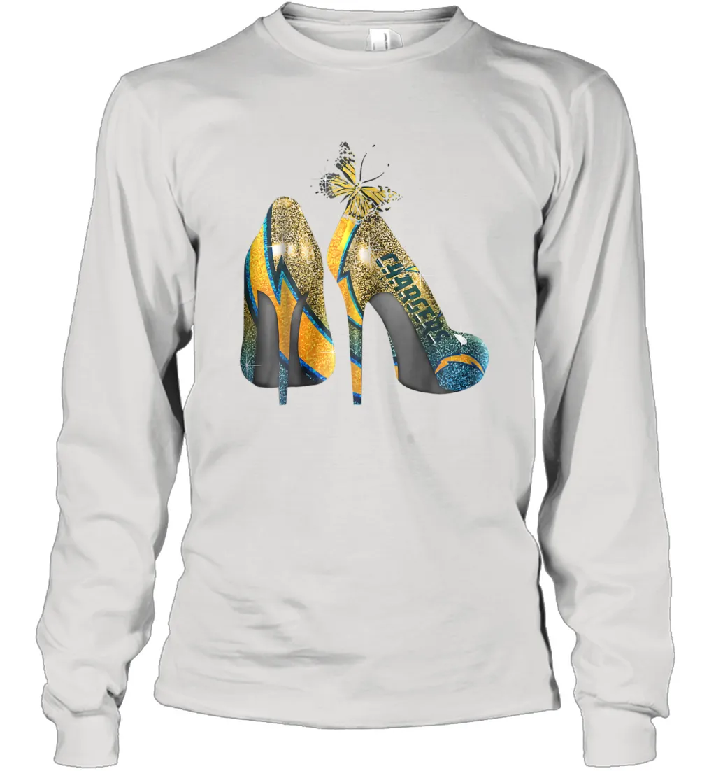 NFL Los Angeles Chargers High Heel Butterfly Rhinestone Long Sleeve T-Shirt