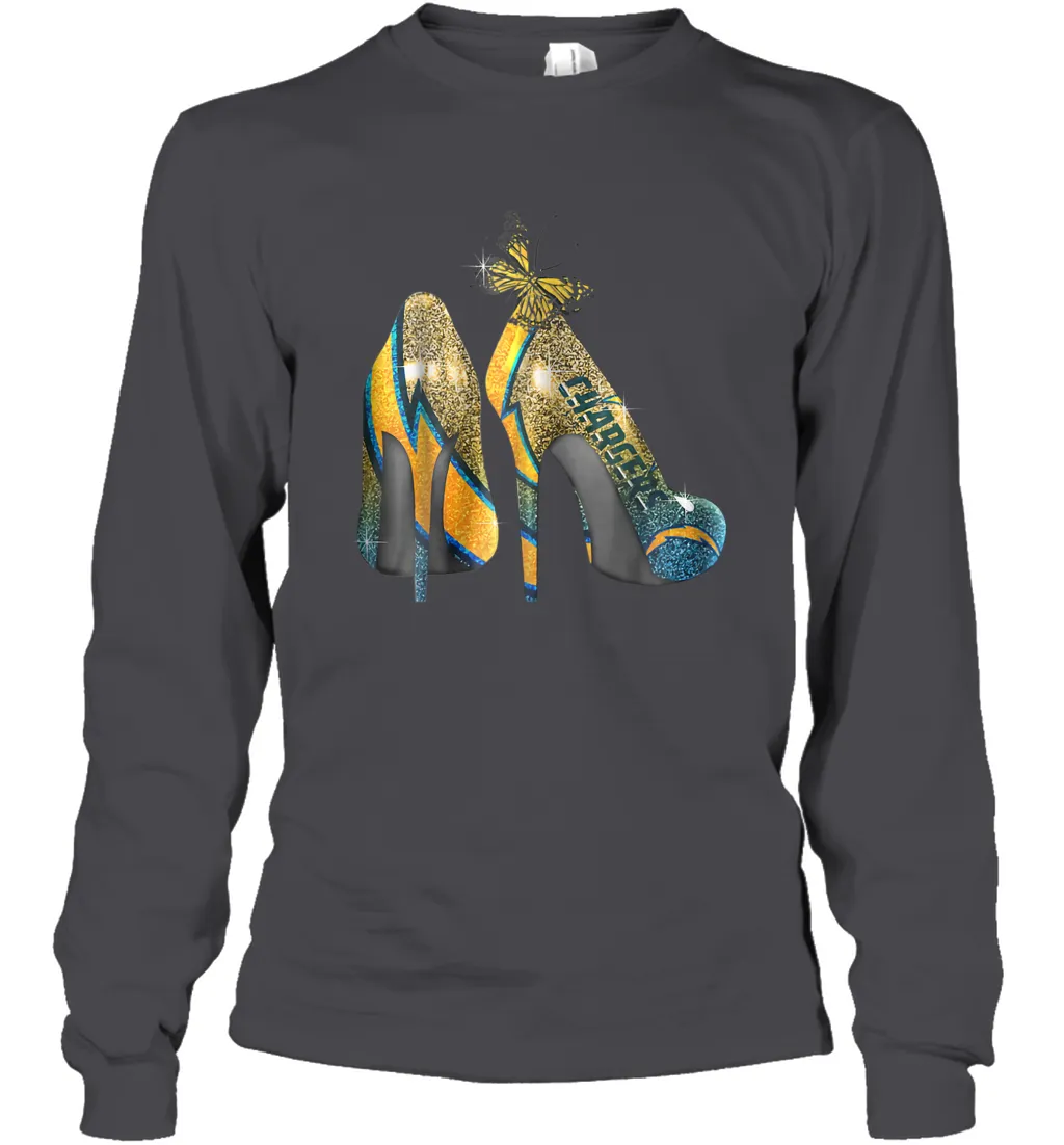 NFL Los Angeles Chargers High Heel Butterfly Rhinestone Long Sleeve T-Shirt