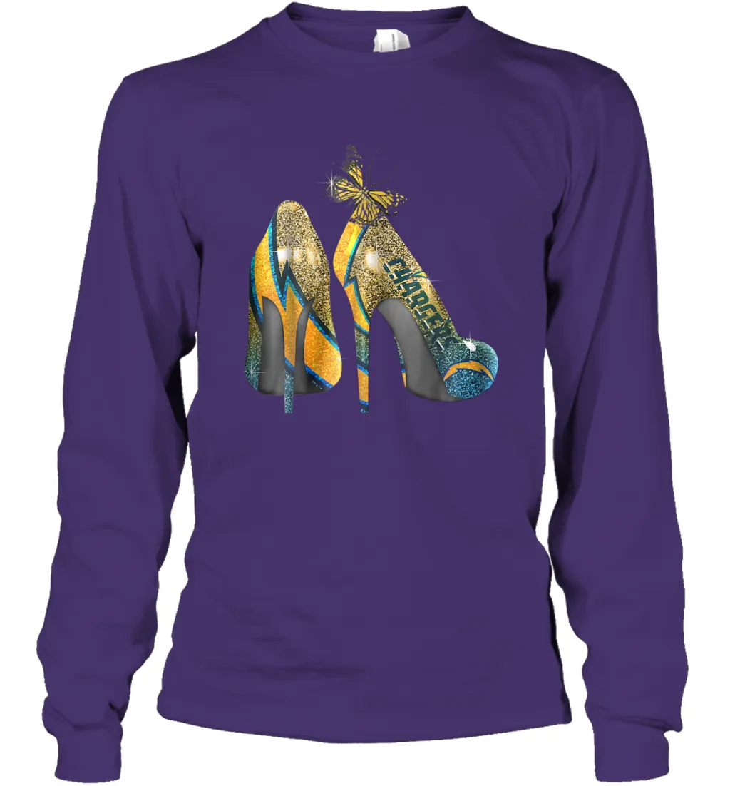 NFL Los Angeles Chargers High Heel Butterfly Rhinestone Long Sleeve T-Shirt