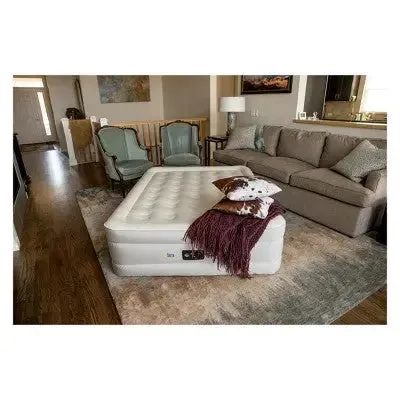 Serta Never Flat Fabric Series Raised with Internal Pump and Plush Air Mattress- 18" Queen (Beige)